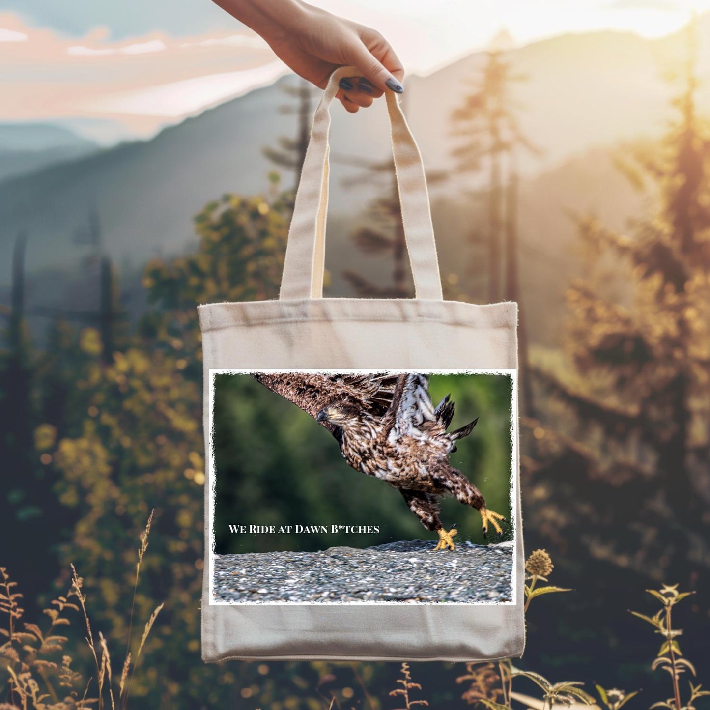 Bald Eagle Reusable Canvas Tote Bag We Ride at Dawn