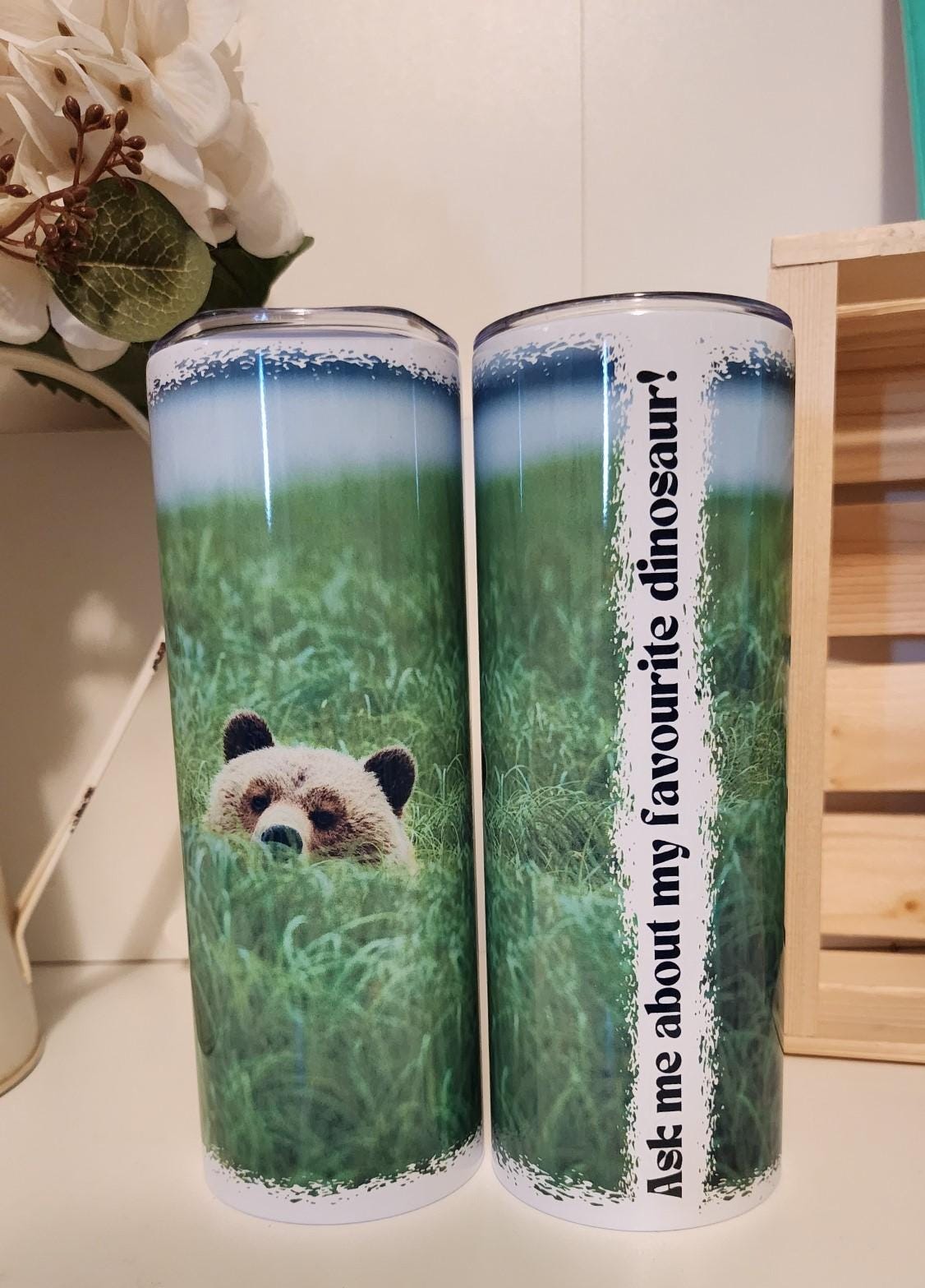 Tumbler 20 oz Stainless Steel gift for her present for him reusable cup for coach sports parent favourite dinosaur Grizzly Bear Peek-a-boo