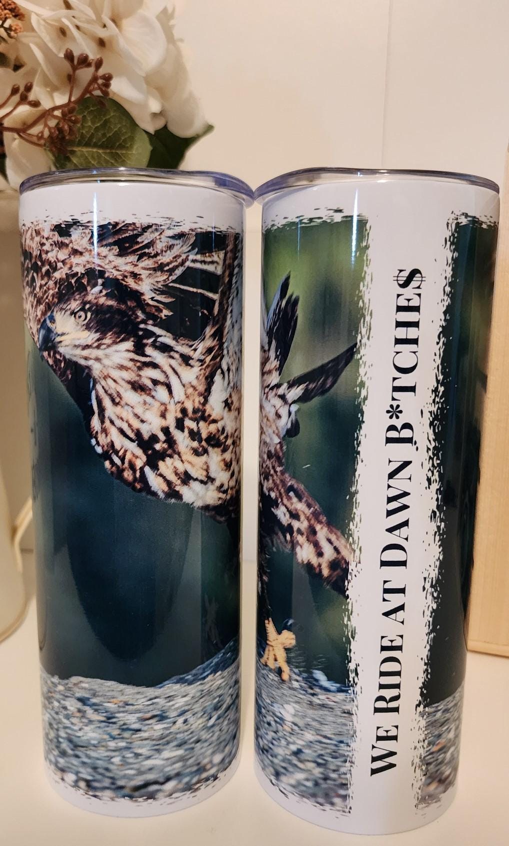 Tumbler 20 oz Stainless Steel gift for her present for him reusable cup for coach sports parent Bald Eagle Juvenile We Ride at Dawn